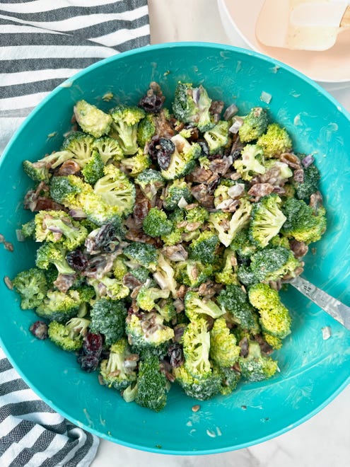 Broccoli salad takes only a few minutes to make.