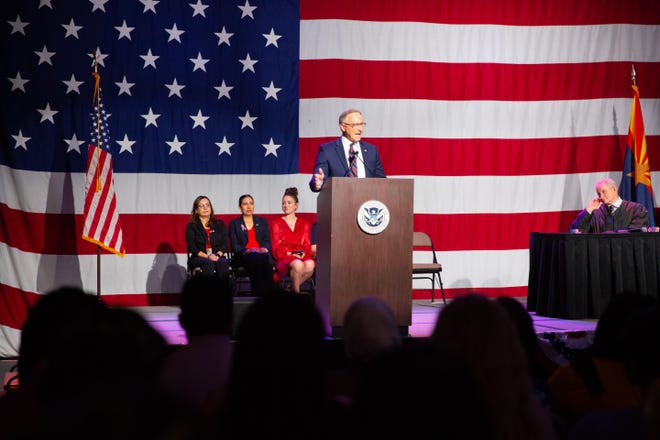 Mesa Mayor John Giles speaks during the Arizona Celebration of Freedom event in 2023.