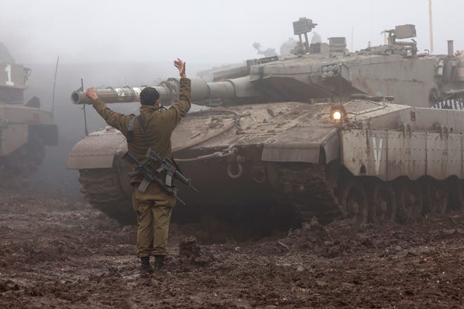 December 7, 2023: Soldiers of the Israeli army's infantry 6th brigade take part in an assault coordination exercise near Moshav Kidmat Tsvi in the Israel-annexed Golan Heights amid ongoing cross-border tensions as fighting continues with Hamas militants in the southern Gaza Strip.