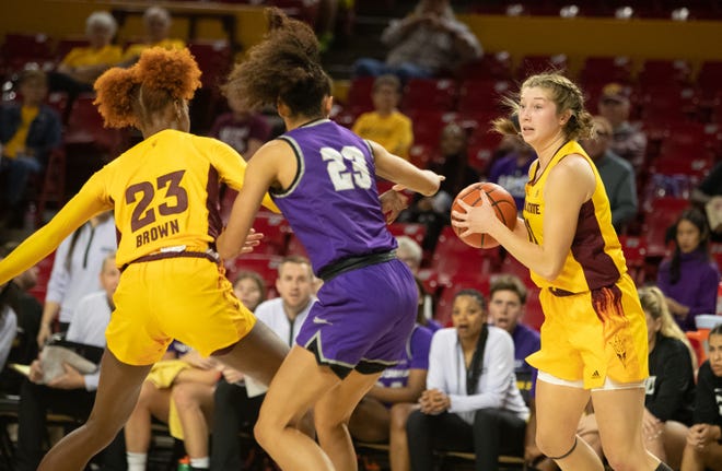 Arizona State University guard Maggie Besselink (11) looks to pass the ball at Desert Financial Arena on Dec. 8, 2023.