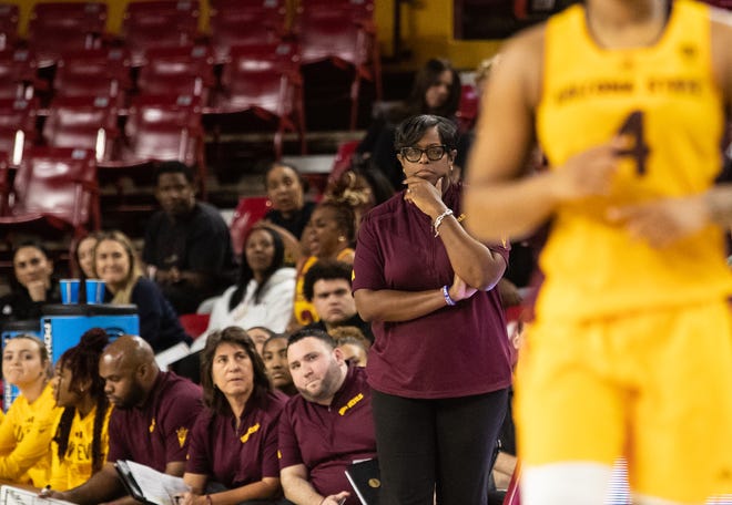 Arizona State University Head Coach Natasha Adair watches from the sidelines at Desert Financial Arena on Dec. 8, 2023.