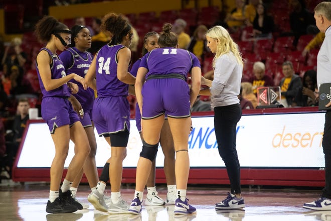 Grand Canyon University Head Coach Molly Miller and her team on the sidelines at Desert Financial Arena on Dec. 8, 2023.